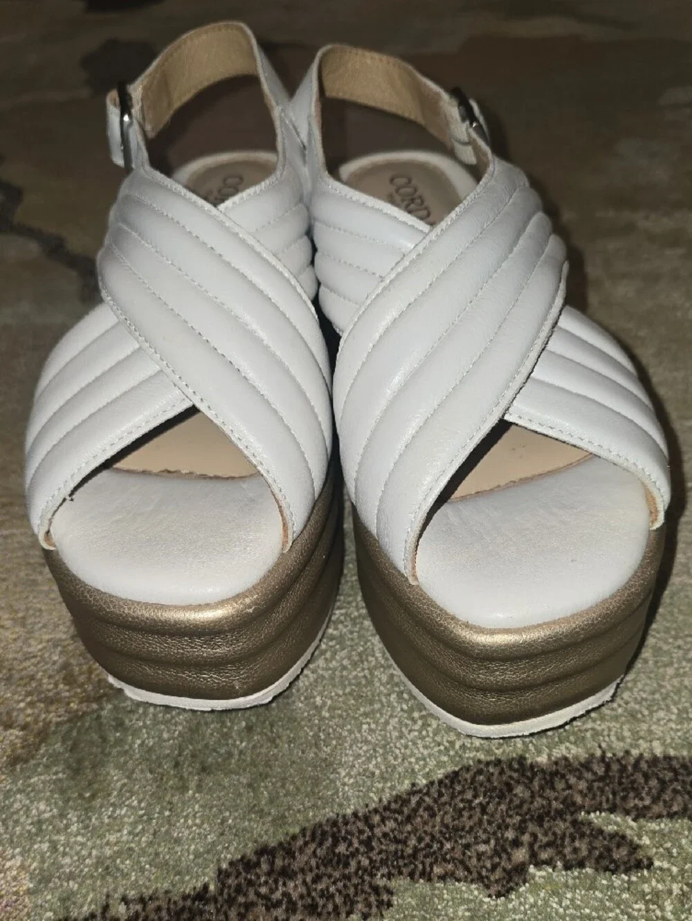 Cordani Yvonne White Leather Platform Sandals with Gold Sole